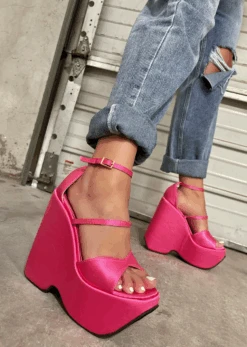 MAJOR MOVES PINK SATIN WEDGE HEEL