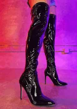 NIGHT RIDE BLACK PATENT THIGH HIGH BOOTS